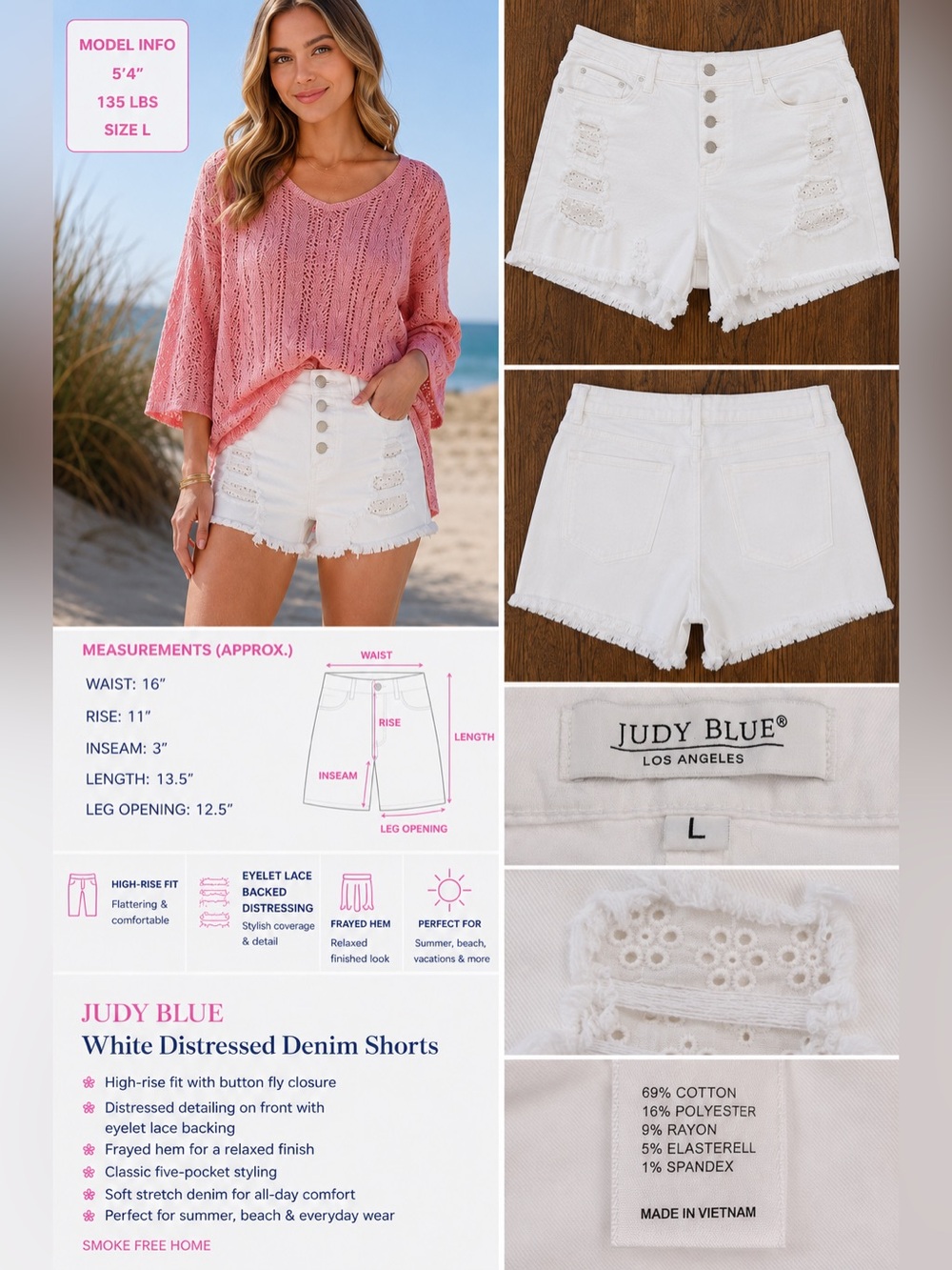 Judy Blue White High-Rise Eyelet Distressed Denim Shorts